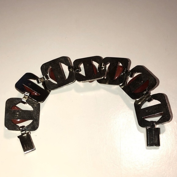 VTG Red Jasper Stone Textures Silver Tone Rounded Square Link Bracelet 7” - Picture 3 of 4